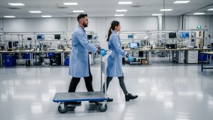Atelier industriel moderne à Laval avec un chariot de manutention équipé de roues antistatiques sur un sol époxy, accompagné d’un homme et d’une femme portant des équipements ESD.