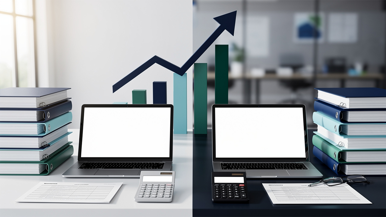 Illustration professionnelle présentant deux espaces administratifs comparés, avec documents vierges, ordinateur et graphique de croissance dans une palette bleu et vert.