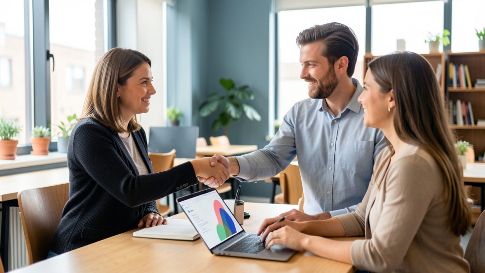 Une consultante indépendante échange avec deux professionnels dans un espace de coworking lumineux, autour d’un ordinateur portable, dans une atmosphère de collaboration et de réseautage.