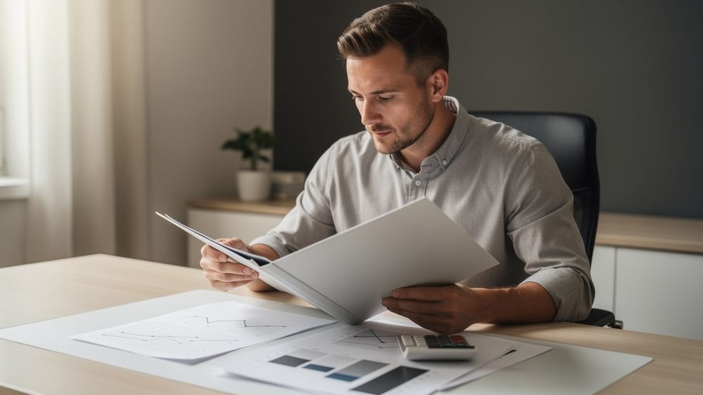 Un entrepreneur assis seul à un bureau sobre compare deux dossiers vierges, avec une calculatrice et un tableau abstrait de trésorerie disposés devant lui.