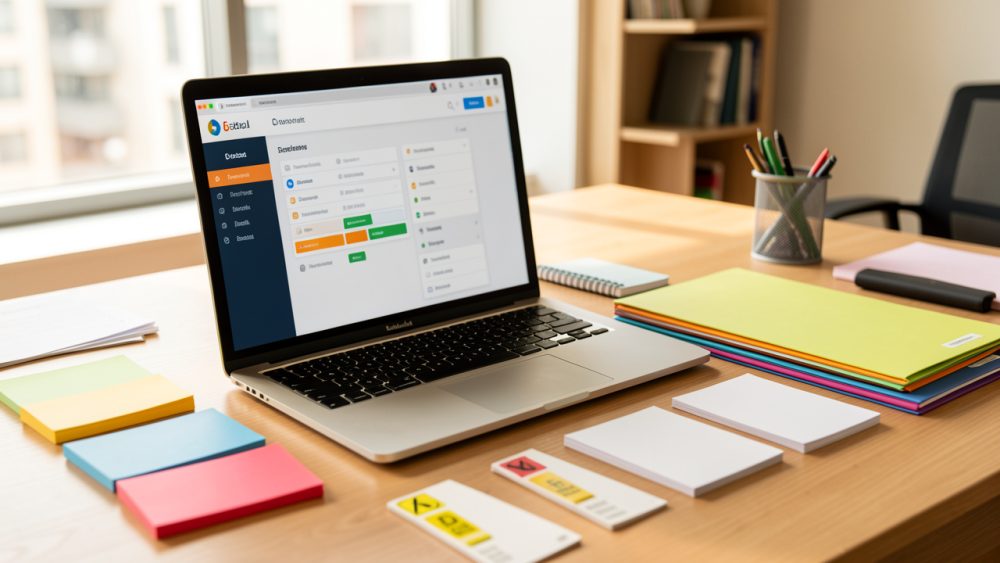 Espace de travail professionnel organisé avec un ordinateur, des dossiers colorés et des marqueurs de priorité illustrant le suivi de contacts après un salon professionnel.