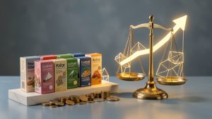 Présentation réaliste de produits commerciaux avec une balance équilibrée, des pièces et une courbe lumineuse symbolisant la rentabilité d’une promotion sans réduire la marge.