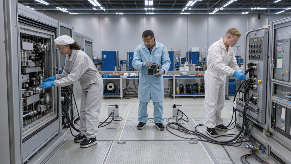 Atelier industriel moderne avec une femme et deux hommes portant des équipements de protection, sur un sol technique entouré de dispositifs de prévention électrostatique.