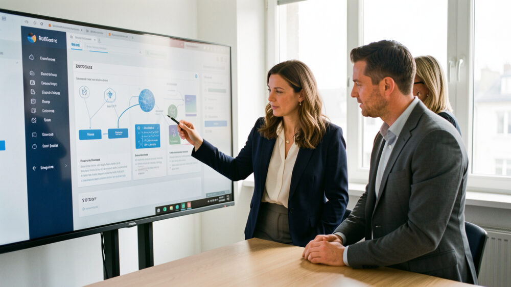 Une dirigeante de PME, un collaborateur et une collaboratrice analysent ensemble un tableau de bord abstrait de projets d’intelligence artificielle dans une salle de réunion lumineuse.