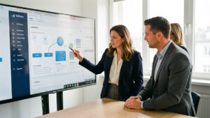 Une dirigeante de PME, un collaborateur et une collaboratrice analysent ensemble un tableau de bord abstrait de projets d’intelligence artificielle dans une salle de réunion lumineuse.