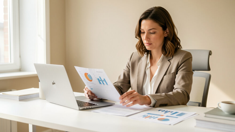 Une entrepreneuse examine des documents financiers à côté d’un ordinateur portable dans un bureau lumineux, minimaliste et professionnel.