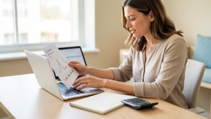 Une entrepreneuse examine un budget prévisionnel avec un ordinateur portable, un carnet vierge et une calculatrice sur un bureau lumineux.