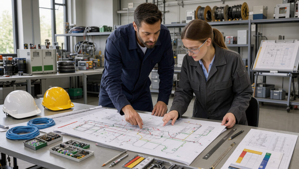 Un homme et une femme en tenue professionnelle examinent un plan architectural dans un espace de travail organisé avec des équipements électriques et des outils de planification.