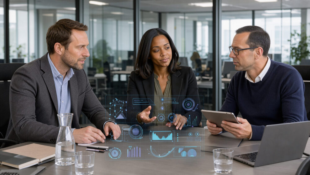 Réunion professionnelle sobre entre trois collaborateurs autour d’un tableau de bord d’intelligence artificielle aux visualisations abstraites.